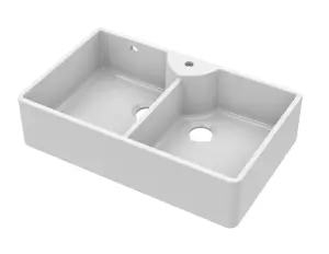 895mm - Fireclay 2 Bowl Stepped Weir Butler Kitchen Sink -  Tap Ledge & Overflow