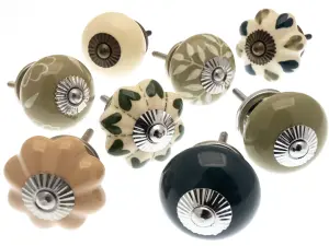 MangoTreeKnobs - Door Knobs in Sage Green, Mottled Brown and Brass Fretwork - Pack of 8 Cupboard Knobs