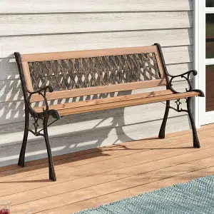 2 Seater Retro Rustproof Metal Wood Garden Patio Bench with Backrest 125cm