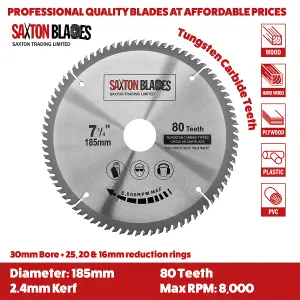 Saxton TCT18580T TCT Circular Saw Blade 185mm x 80 Teeth x 30mm Bore + 16, 20 and 25mm Rings