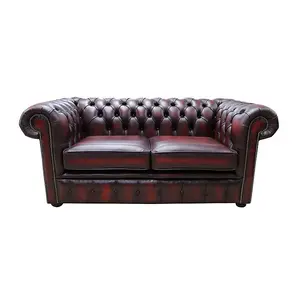 Chesterfield 2 Seater Antique Oxblood Real Leather Tufted Buttoned Sofa Settee In Classic Style