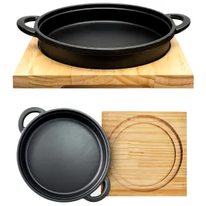 Cast Iron Steak Sizzler Cookware Backing Pot Skillet Grill Wood Serving Board