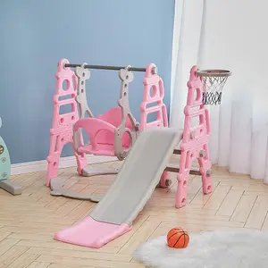 3 in 1 Pink Children Kids Toddler Slide and Swing Set Play Set with Basketball Hoop W 1350 x D 1850 x H 1050 mm