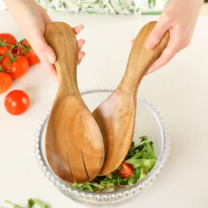 Set of 2 Acacia Wood Salad Server Set Rustic Wooden Salad Tongs Fork Spoon Daily Dining Serveware Accessory Gift Idea