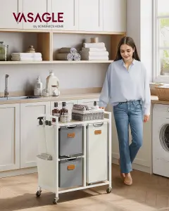 VASAGLE Laundry Hamper with 3 Compartments, 100 L Laundry Sorter, Rolling Laundry Cart with Shelves, Dove Grey and Cream White