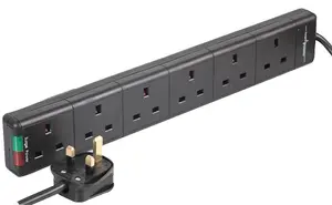 PRO ELEC - 6-Gang Surge Protected Extension Lead, Black, 2m Lead