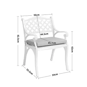 Set of 2 White Retro Curved Seat Cast Aluminum Garden Chairs Patio Dining Armchair Set with Cushions