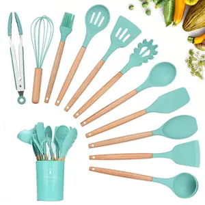 Silicone Cooking Utensils Kitchen Utensil Set, 12 Pieces Natural Wooden Handles Cooking Tool BPA Free Non Toxic Silicone Turner Tongs Spatula Spoon Kitchen Gadgets Utensil Set (Purple) Dark Green