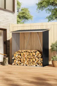 Black Coated Sloped Roof Wooden Storage Shed with Metal Firewood Rack, Outdoor Garden Log Store