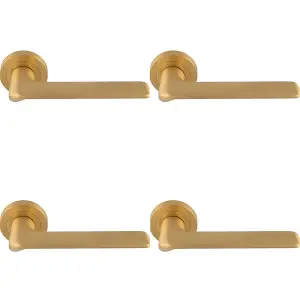 4 PACK - Contemporary Flat Door Handle Set - Satin Brass Smooth Lever on Round Rose