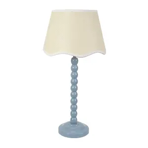 ValueLights Bobbins Powder Blue Table Lamp with Linen Scallop White Trim Shade and LED Bulb