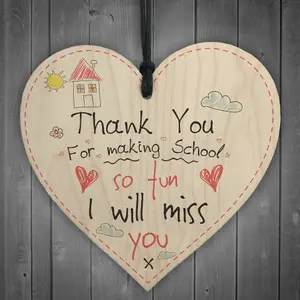 Red Ocean Teacher Leaving Nursery School Thank You Gift Wooden Hanging Heart Sign End of Term Plaque Present