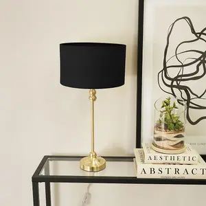 ValueLights Maggie Gold Metal Candlestick Slim Table Lamp with Black Fabric Drum Lamp Shade and LED Bulb