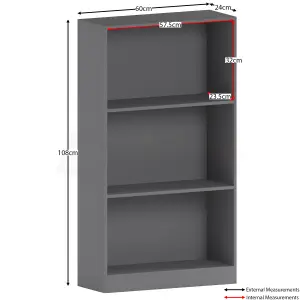 Vida Designs Cambridge Grey 3 Tier Medium Bookcase Freestanding Shelving Unit (H)1080mm (W)600mm (D)240mm