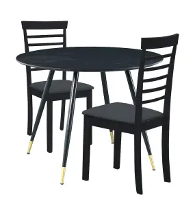 Hallowood Furniture Finley Small Round Dining Table in Black Finish with 2 Black Wooden Chairs