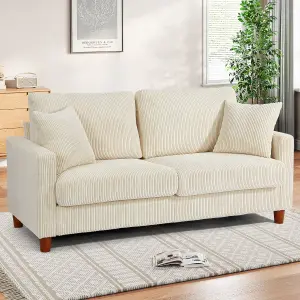 178cm Beige White Corduroy Couch, 3 Seater Sofa with Wood Legs, Deep Seat Sofa