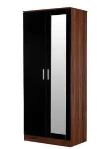 REFLECT 2 Door Mirrored Wardrobe in Gloss Black Door Fronts and Walnut Carcass