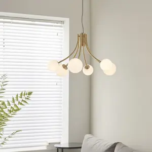 Ceiling Pendant Light Satin Brass Plate & Opal Glass 6 x 3W LED G9