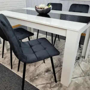 Dining Table And 4 Chairs White Black Wooden Table, Black Velvet Tufted Chairs