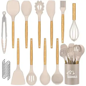 Kitchen Utensil Set Silicone Cooking Utensils Heat Resistant Nonstick Kitchen Tools With Hooks, Silicone Kitchen Gadgets With Wooden Handle, Turner Tongs Spatula Spoon Cooking Tools Khaki