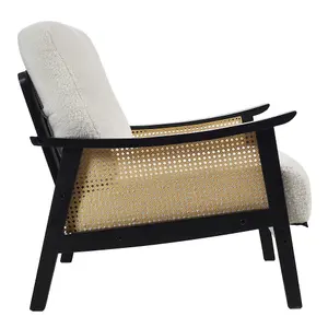 Accent Armchair with Wood Frame Upholstered Rattan Arms Chair in White