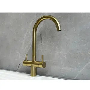 Liquida W03BG Monobloc Swan Neck Twin Lever Brushed Gold Kitchen Mixer Tap