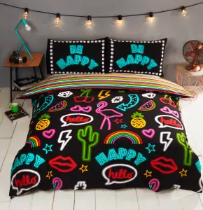 Be Happy Neon Lights Duvet Cover Set