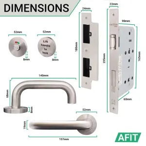 AFIT Lift to Lock Handle Set & DIN Lock for Bathroom / Toilet Cubicle Doors - Satin Stainless - for 60 Minute Fire Doors