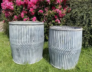 Galvanised Chevron Dolly Tub Set of 2 Metal Outdoor Planter Flower Pot