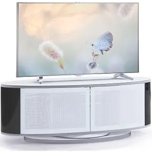 MDA Designs LUNA Gloss White Oval Cabinet with Black Profiles and White BeamThru Glass Doors for Flat Screen TVs up to 50"