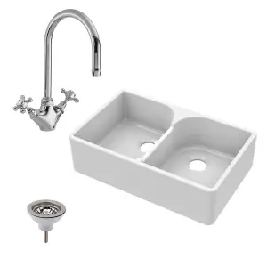 795mm - Fireclay 2 Bowl Stepped Weir Butler Kitchen Sink -  Mono Mixer Tap  & Waste