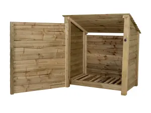 Wooden log store (roof sloping back) with door W-119cm, H-126cm, D-88cm - natural (light green) finish