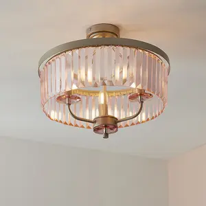 Luminosa Ascoli 3 Light Ceiling Semi Flush Champagne Paint & Rose Pink Cut Glass