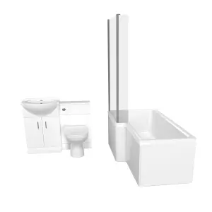 Nes Home L-Shaped LH Shower Bath White Basin Vanity Unit with WC & BTW Toilet