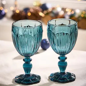 Set of 2 Luxury Embossed Blue Drinking Wine Glass Wine Goblets 280ml