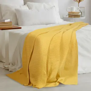 EHC Chunky & Soft Extra Large Cotton Waffle Throw, King Size, 225 x 250 cm - Yellow