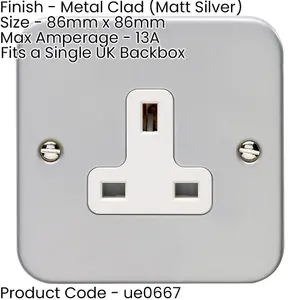 3 PACK 1 Gang Single 13A Unswitched UK Plug Socket HEAVY DUTY METAL CLAD Power