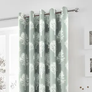 Woodland Trees Motif 100% Cotton Ready to Hang Eyelet Curtains