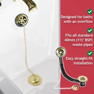 SPARES2GO Bath Combination Waste Plug and Chain Luxury Gold Brass Flexible Overflow Pipe Kit (40mm 1 1/2")