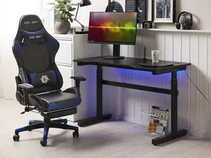 Gaming Desk With Cable Management Hole With RGB LED Lights Adjustable Height Black DURBIN