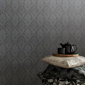 Erismann Damask Floral Charcoal Grey Wallpaper Paste The Wall Vinyl Traditional