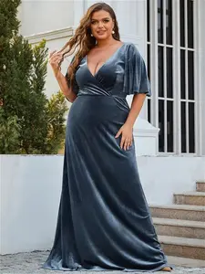 Ever-Pretty Elegant Plus Size Velvet Maxi Evening Dress For Women Polyester