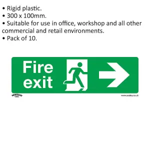 10 Pack of Right-Facing Fire Exit Health and Safety Signs - Durable Rigid Plastic 300 x 100mm