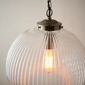 Bateson 1 - Light Globe Pendant Antique Brass/Clear Ribbed Glass / 100cm H x 35cm W x 35cm D