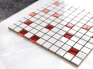 Ceramic mosaic with glass inserts on mesh for bathroom or kitchen 300mm x 300mm - White-red