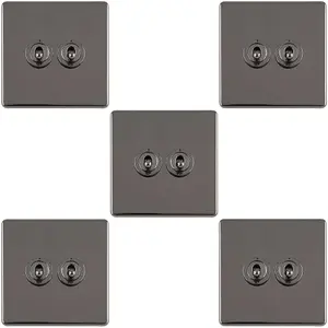 5 PACK 2 Gang Double Retro Toggle Light Switch SCREWLESS BLACK NICKEL 10A 2 Way