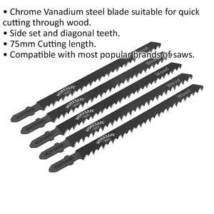 5-Pack Chrome Vanadium Steel Jigsaw Blades for Wood Cutting - 75mm, 6 TPI