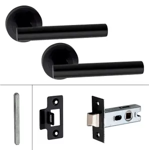 5 Set Straight T-Bar Design Door Handle On Round Rose Latch Door Handles with 2.5" Tubular Latch Matt Black Finish - GG