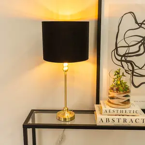 ValueLights Maggie Gold Candlestick Table Lamp with Black and Metallic Gold Lamp Shade and LED Bulb