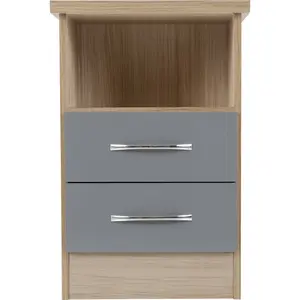 Cascio 2 Drawer Bedside Table Grey Gloss/Light Oak Effect Veneer